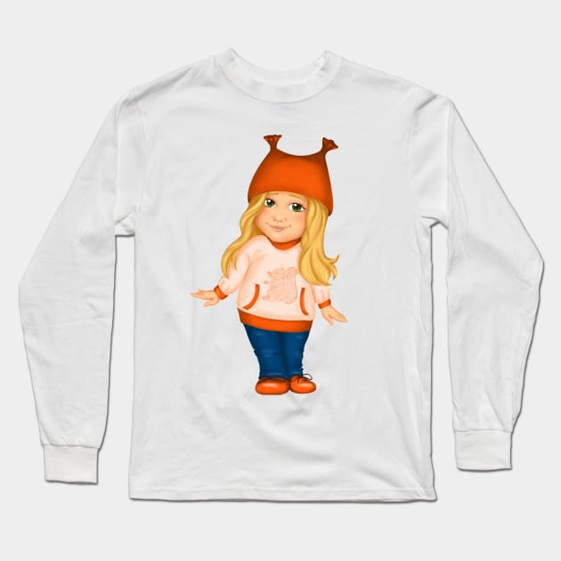 Little girl in orange hat and spring clothes. Spring print Long Sleeve T-Shirt by Ayaruta